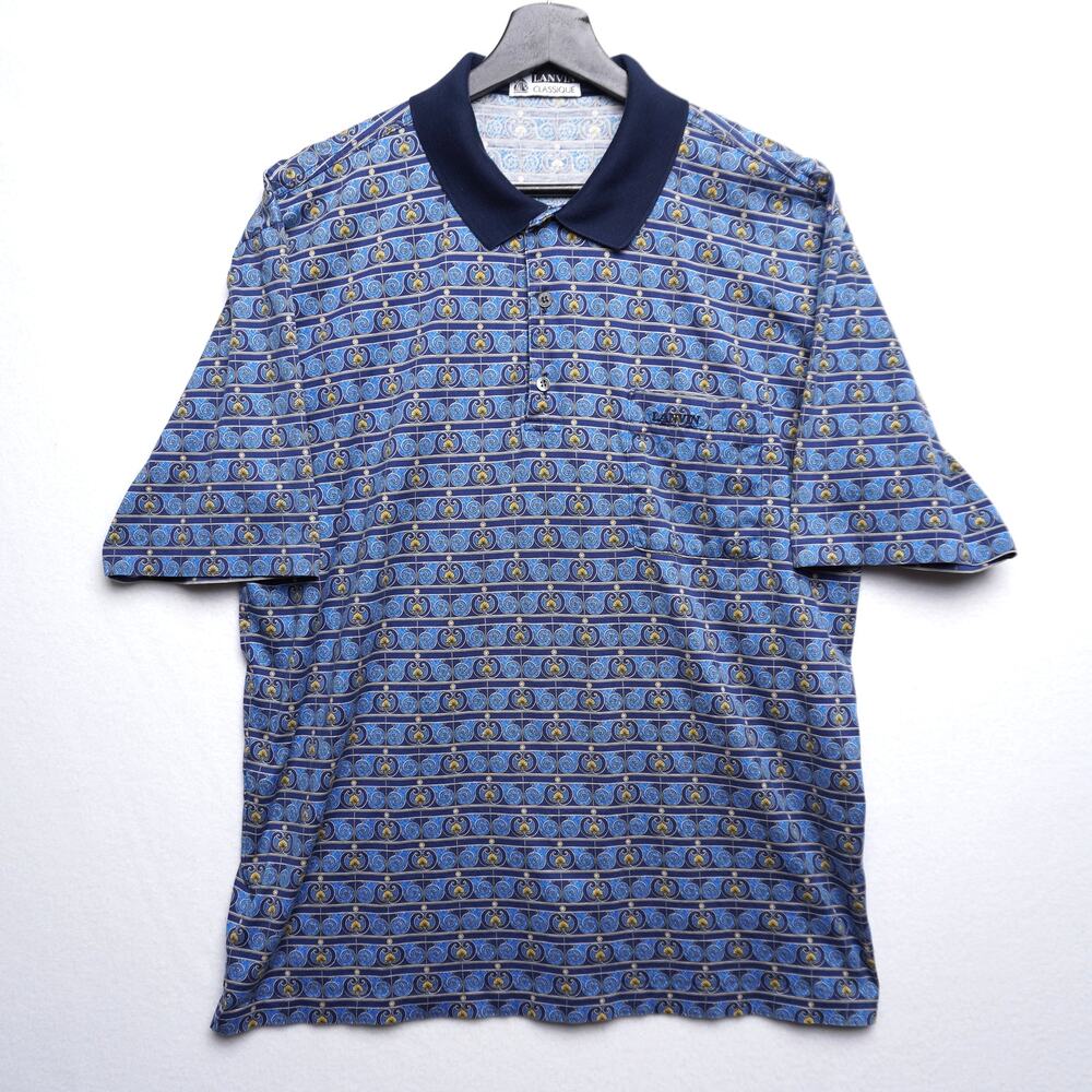Vintage Lanvin Classique Blue Graphic Pattern Print Polo Shirt‎ Size XL